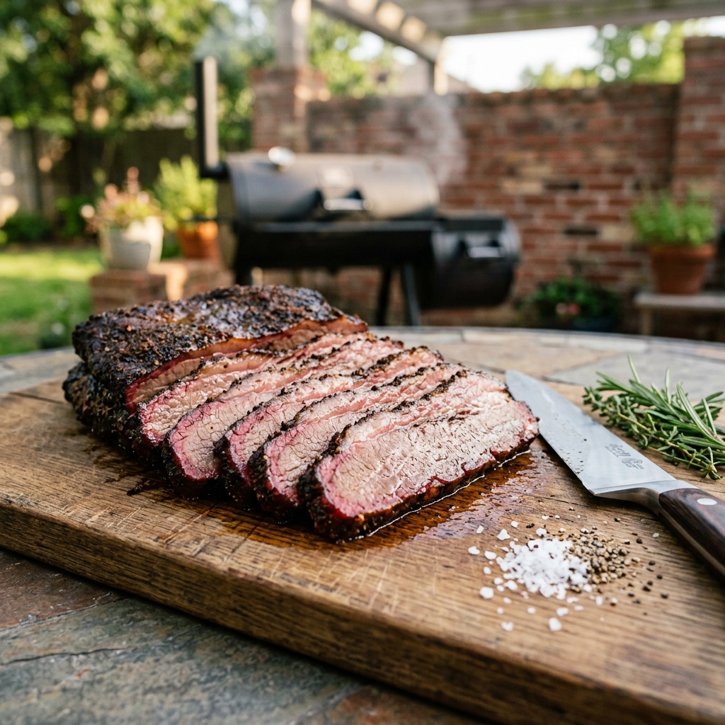 Sliced smoked brisket with dark bark